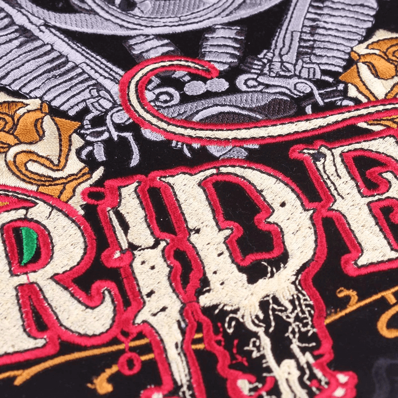 Close-up of a large embroidered Lady Rider iron-on patch featuring bold designs for stylish biker jackets.