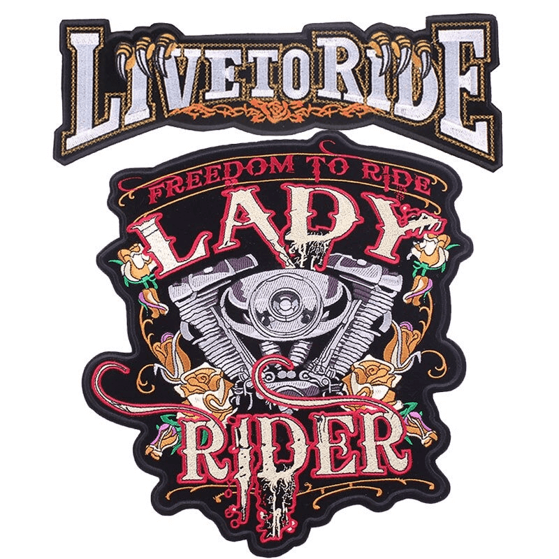 Large Lady Rider embroidered iron-on patch for bikers, featuring iconic designs that enhance jackets and bags.