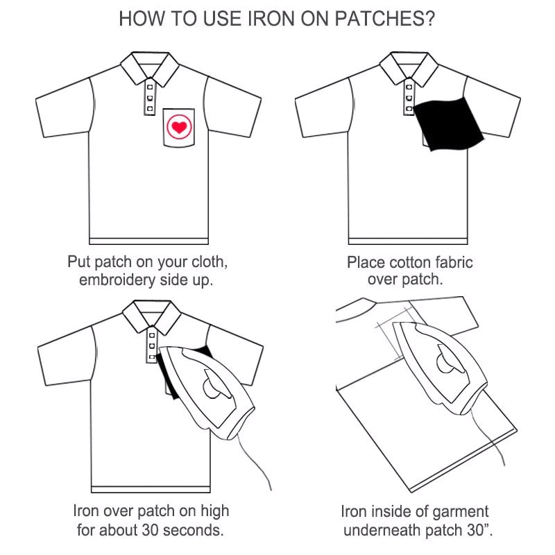 Step-by-step guide on how to iron on patches to clothing, featuring illustrations of the process.