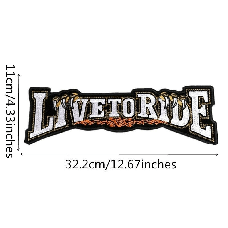 Large embroidered 'LIVE TO RIDE' patch for jackets, measuring 32.2cm x 11cm, perfect biker accessory for stylish customization.