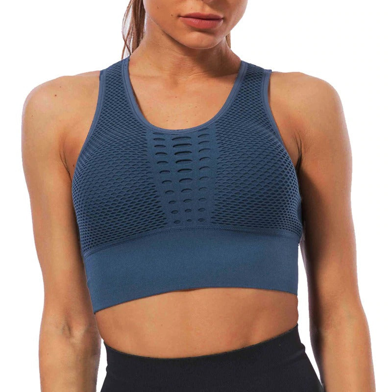 Women's seamless sport top in blue, breathable and stylish for fitness runs and workouts, perfect for summer activities.