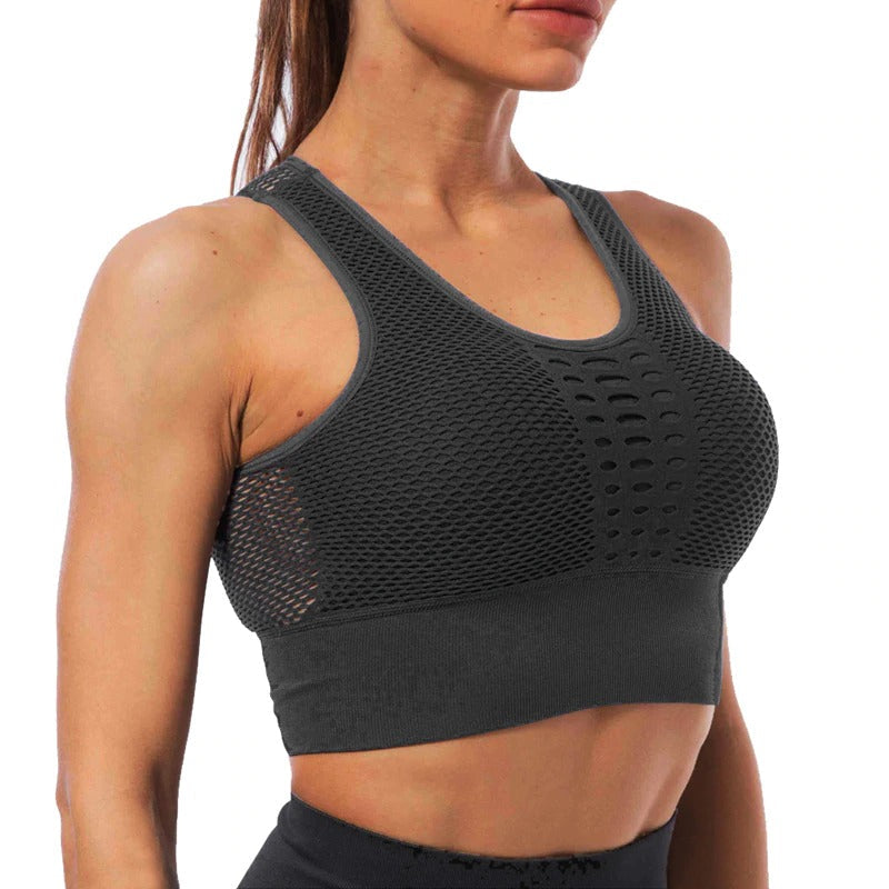 Women's seamless breathable sport top in dark gray, perfect for fitness and stylish workouts.