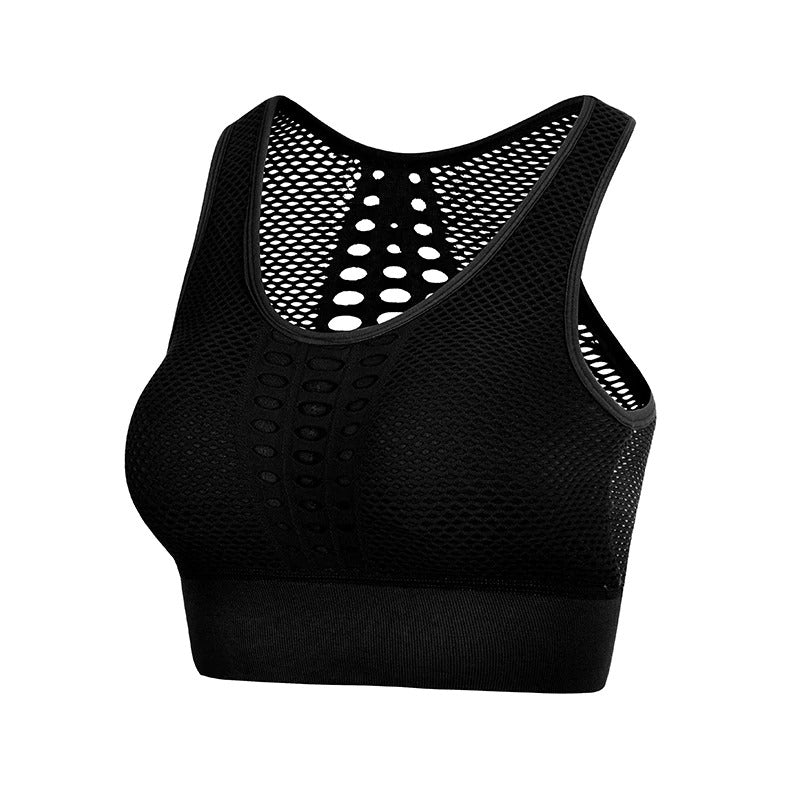 Stylish black sport top for women, featuring breathable mesh design and perfect fit for workouts and fitness activities.