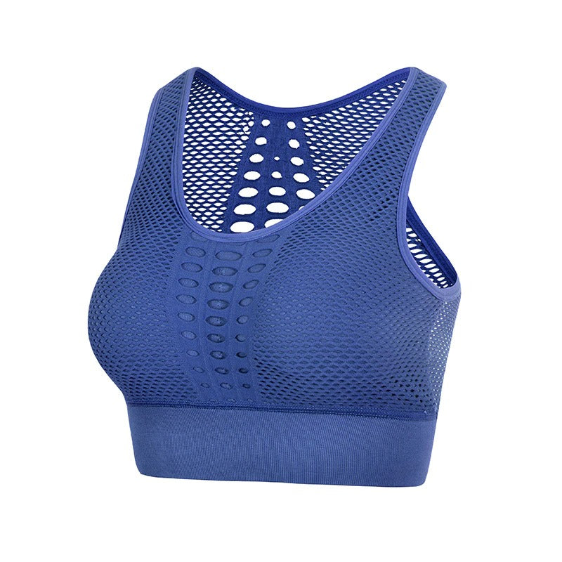 Blue seamless sports top with mesh design, perfect for women's fitness and breathable exercise.