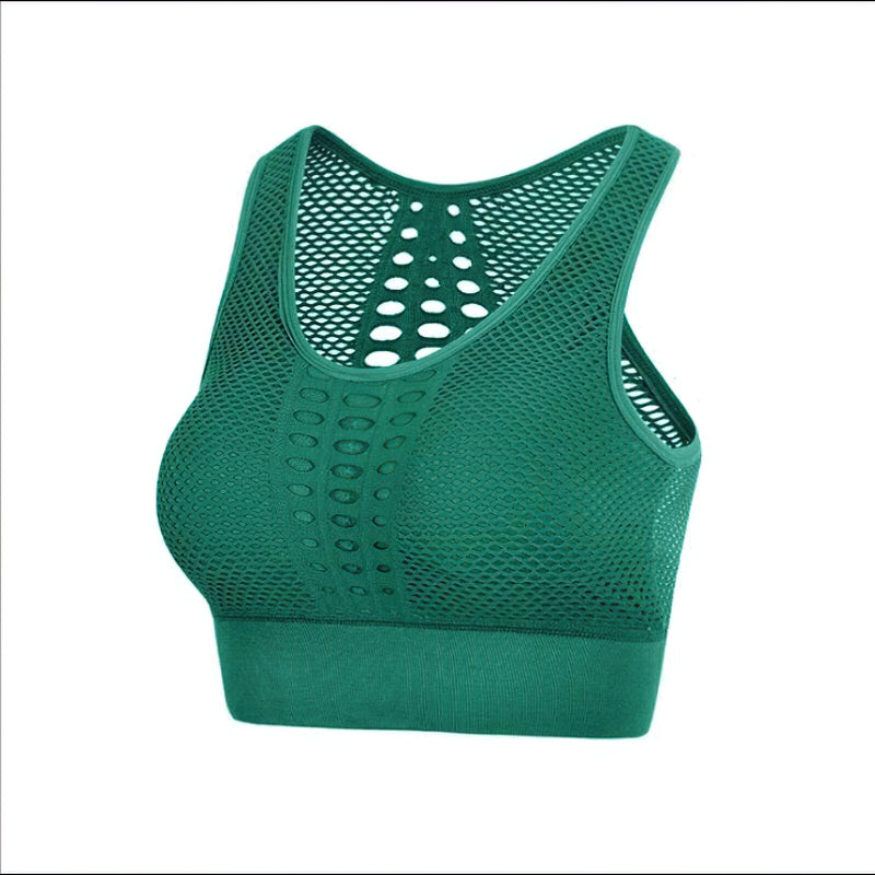 Lady's seamless green sport top with stylish mesh back, perfect for summer fitness activities and breathable comfort.