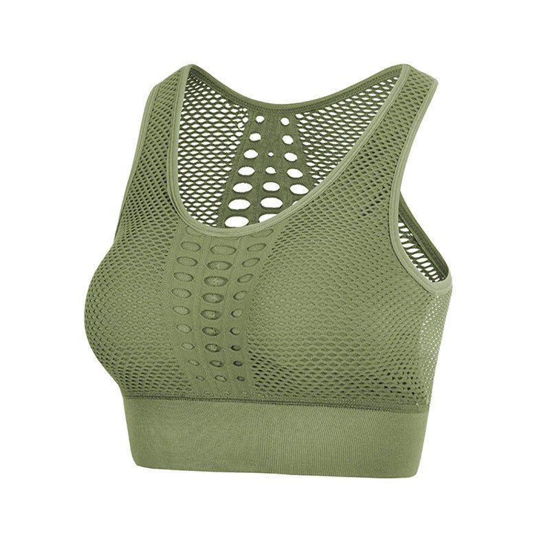 Lady's seamless breathable sports top in olive green, perfect for fitness and summer workouts.