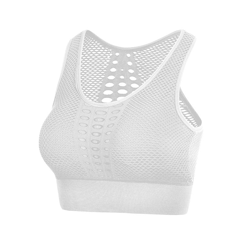 White seamless sport top with breathable mesh design for women, ideal for fitness and summer workouts.