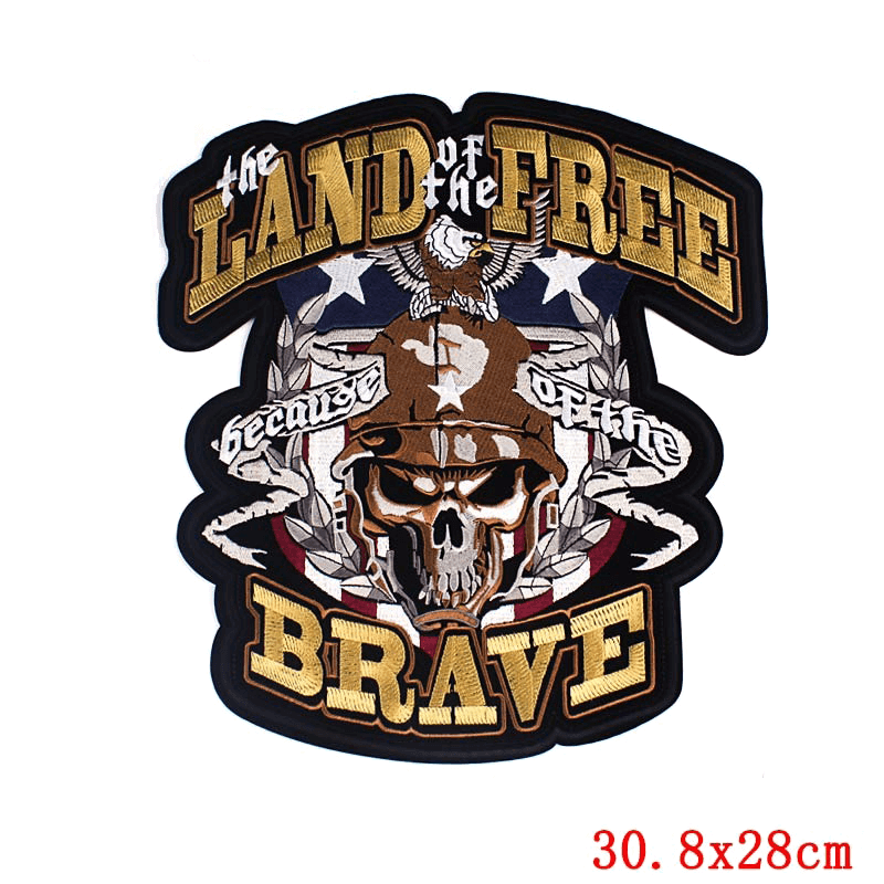 Land of the Free Brave iron-on patch, skull design, large embroidered biker accessory for jackets and bags.