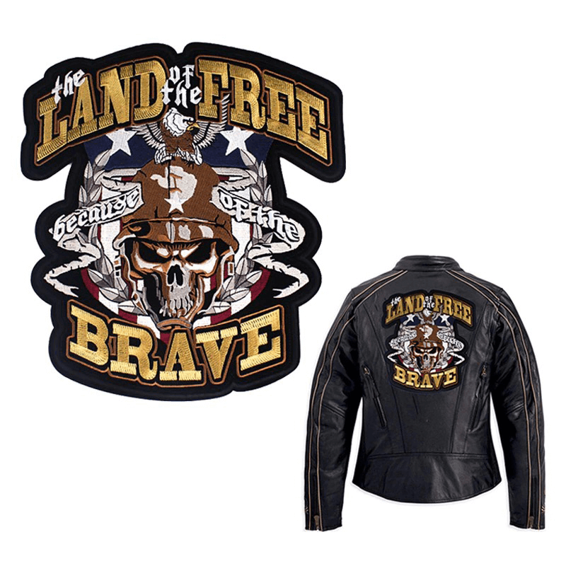 Large Land of the Free Brave embroidered iron-on patch for biker jackets, stylish accessory for trendy outerwear.