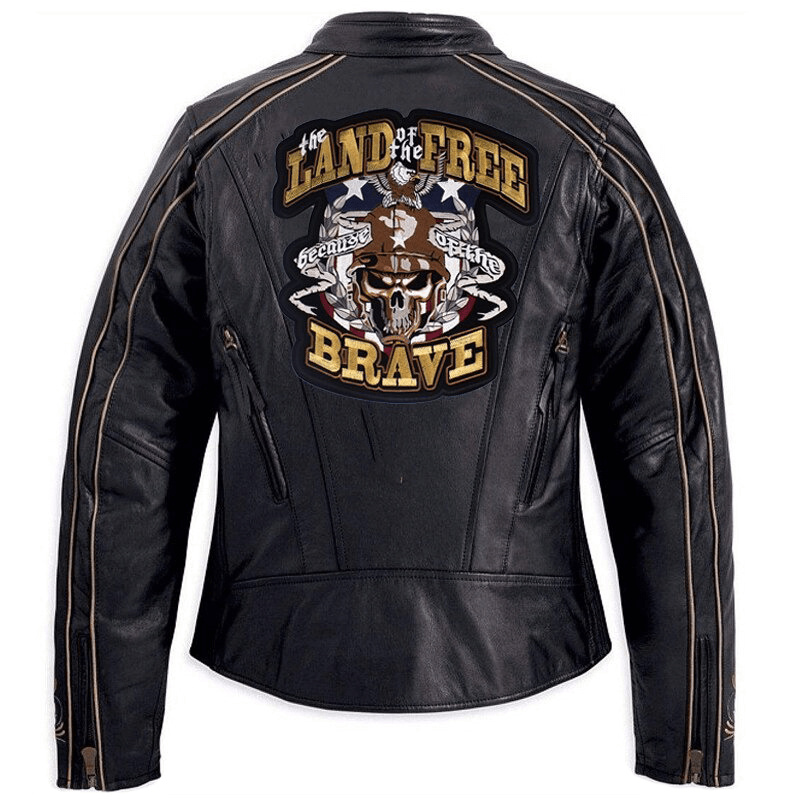 Large embroidered Land of the Free Brave patch on a black biker jacket, stylish and trendy accessory.