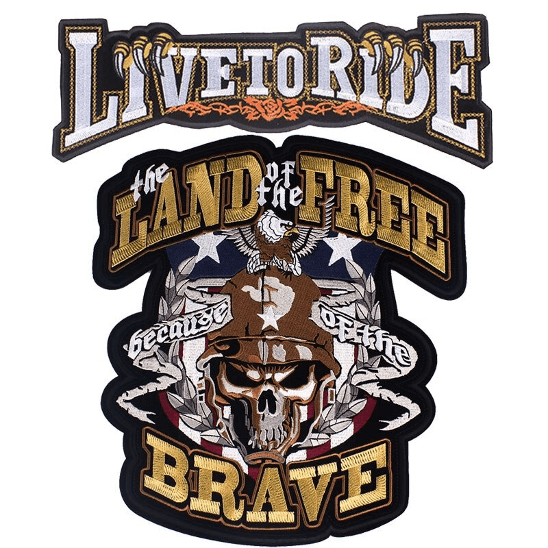 Large embroidered iron-on patches featuring 'Land of the Free' and 'Live to Ride' in biker style.