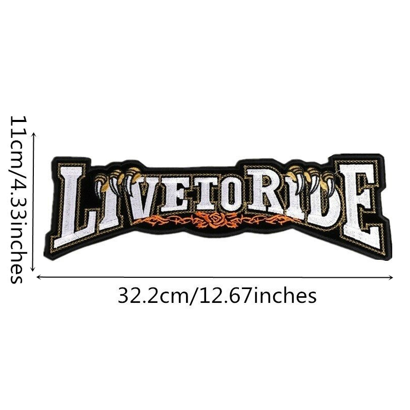 Large embroidered 'Live to Ride' patch for jackets, measuring 32.2cm by 11cm, perfect biker accessory.