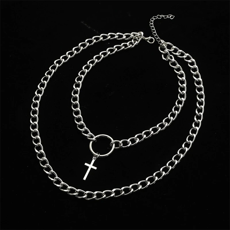 Layered chain necklace with cross pendant, unisex punk jewelry in silver, perfect for adding an edgy touch to any outfit.