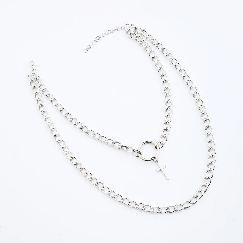 Layered unisex punk chain necklace featuring cross pendant, perfect for edgy fashion looks.