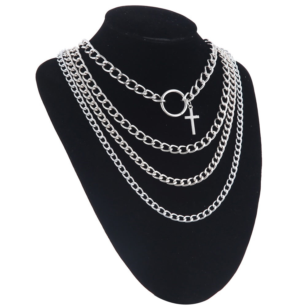 Layered Chain With Cross And Ring / 4pcs-Set Aesthetic Choker / Men's And Women's Necklace - HARD'N'HEAVY