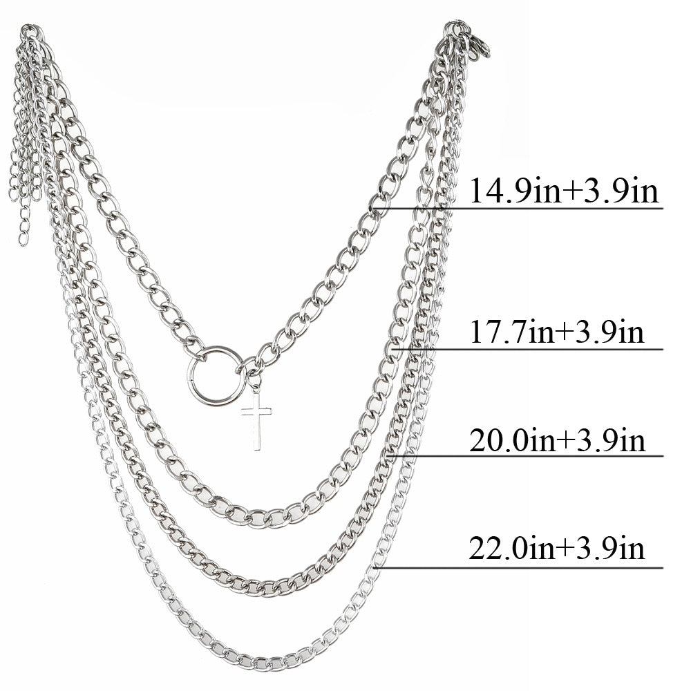 Layered chain choker with cross and ring, four levels of stylish unisex necklace, sizes ranging from 14.9 to 22.0 inches.