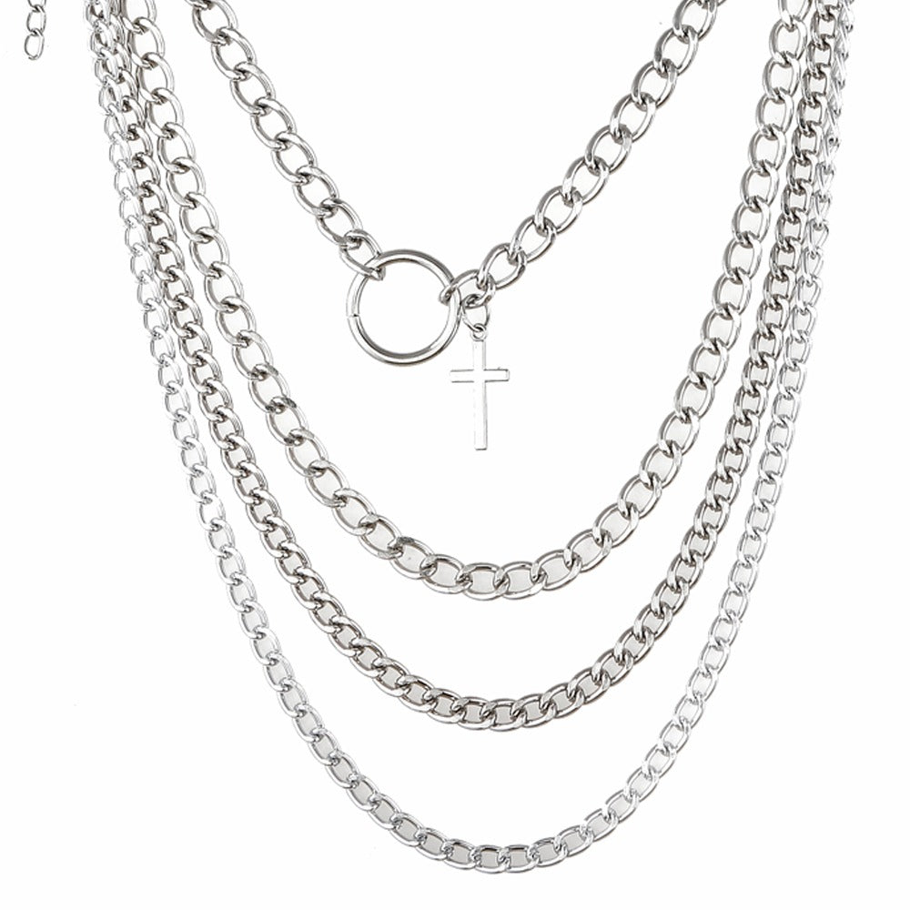 Layered Chain With Cross And Ring / 4pcs-Set Aesthetic Choker / Men's And Women's Necklace - HARD'N'HEAVY