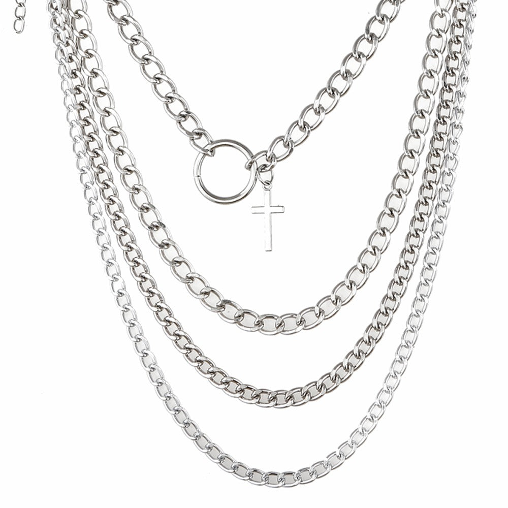 Layered chain necklace set with a cross and ring, perfect unisex aesthetic choker for any outfit.