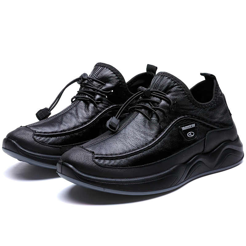 Men's black leather alternative sneakers, stylish waterproof footwear with lacing and dense sole, perfect for spring and fall.