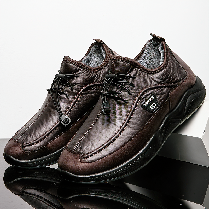 Men's waterproof PU leather sneakers in brown with plush lining, perfect for spring and fall fashion.