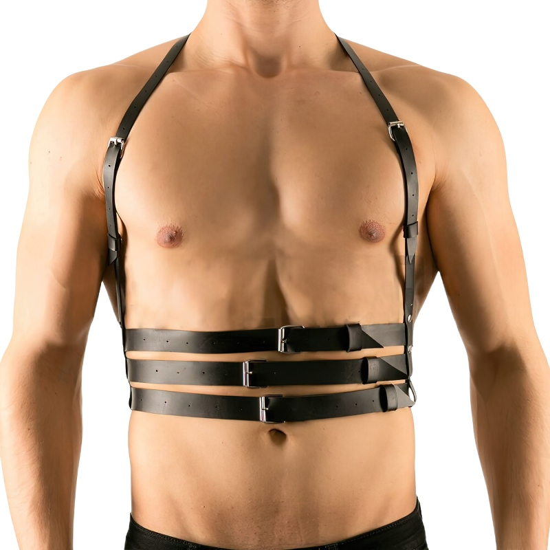 Men's black leather body harness with adjustable straps and silver fittings, perfect for punk rave style and erotic fashion.
