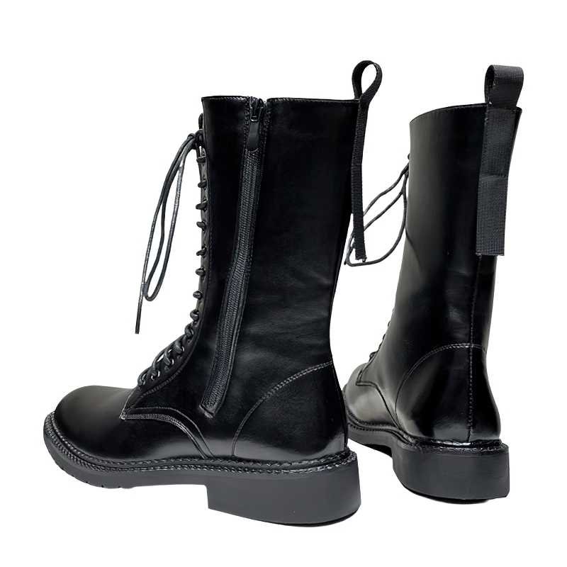 Leather Biker Boots / Mid-calf Military Combat Boots / Gothic Rock Style Shoes - HARD'N'HEAVY
