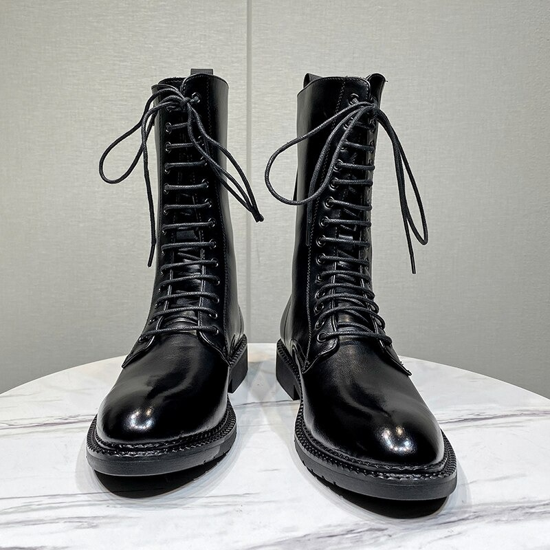 Leather Biker Boots / Mid-calf Military Combat Boots / Gothic Rock Style Shoes - HARD'N'HEAVY