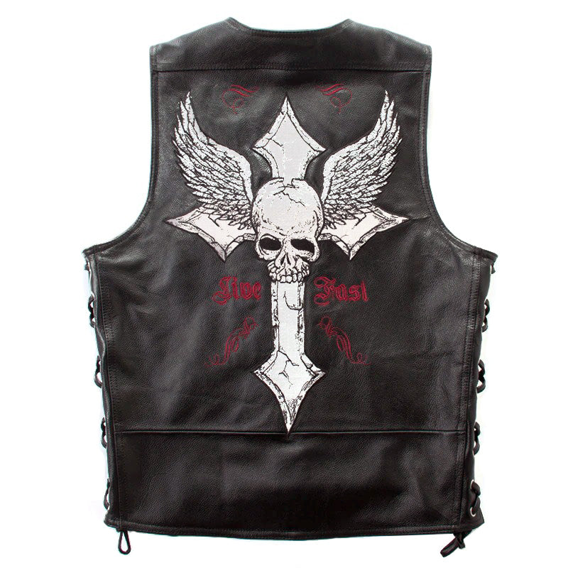 Leather biker vest / Rock Style Skull Cross Leather men's vest - HARD'N'HEAVY