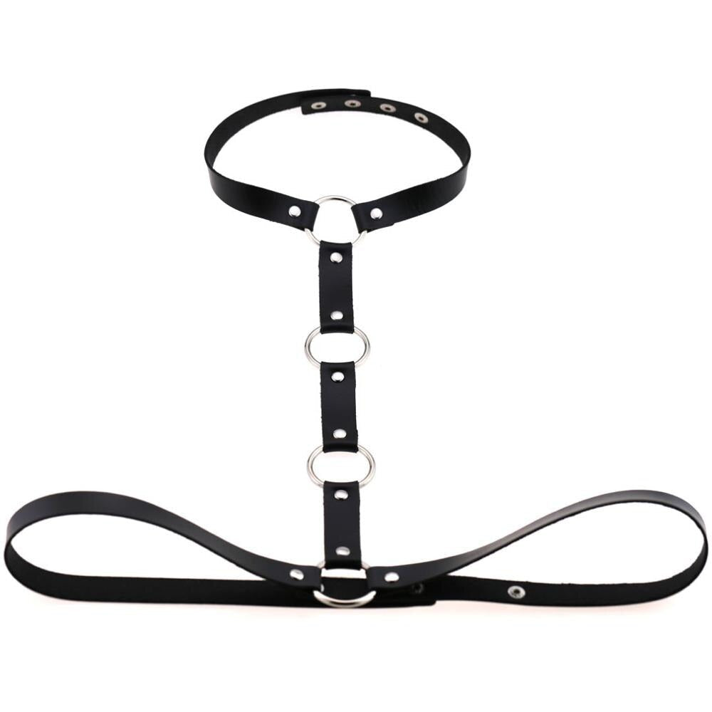 Gothic leather body harness with rings for women, perfect for cosplay and festival outfits.