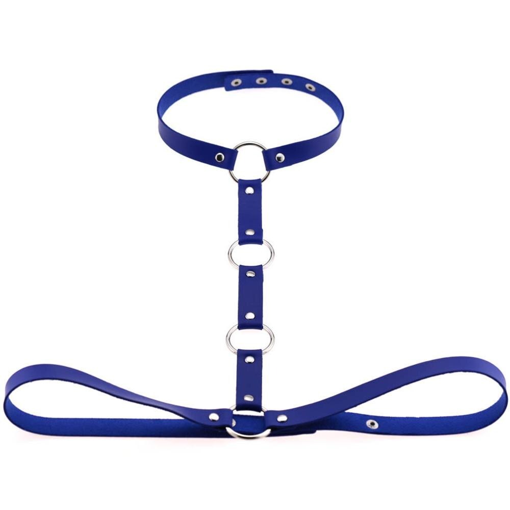 Blue leather body harness with adjustable straps and decorative rings for a gothic cosplay look.