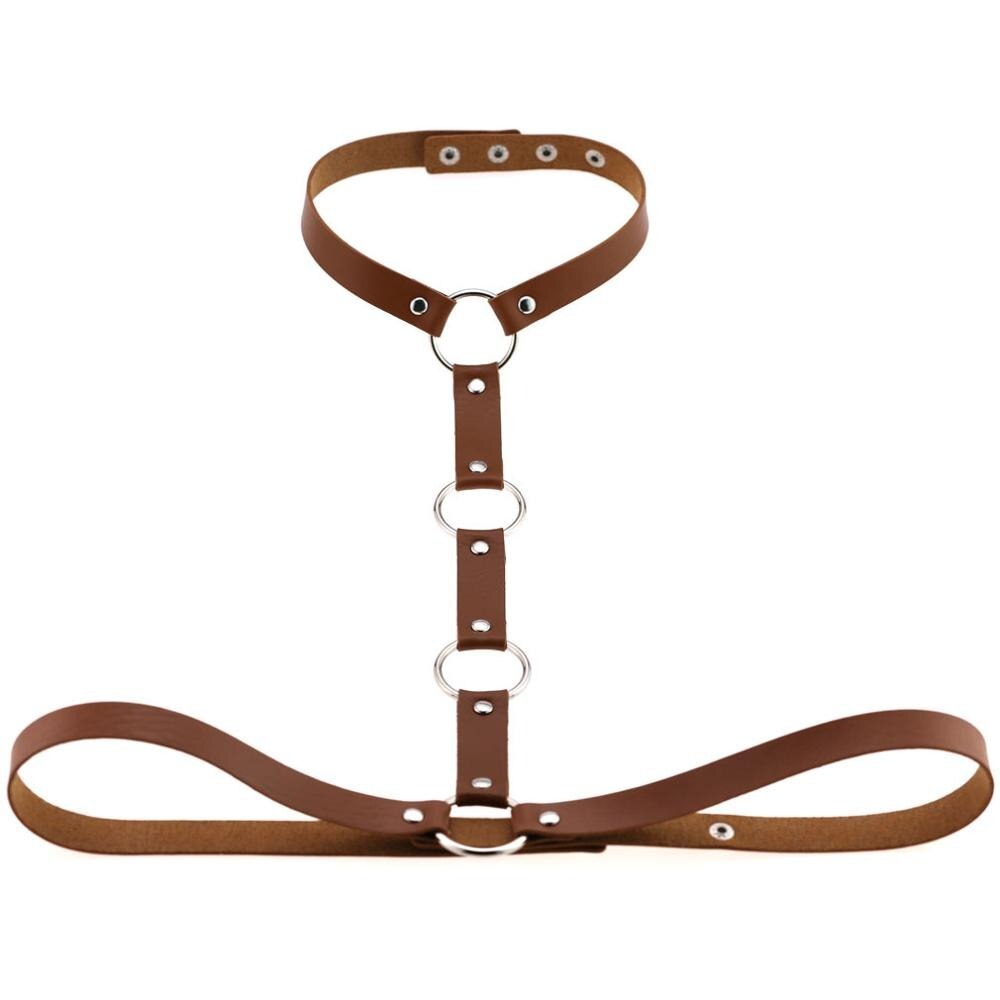 Gothic leather body harness with choker, rings, and rivets for women, ideal for cosplay and festival outfits.