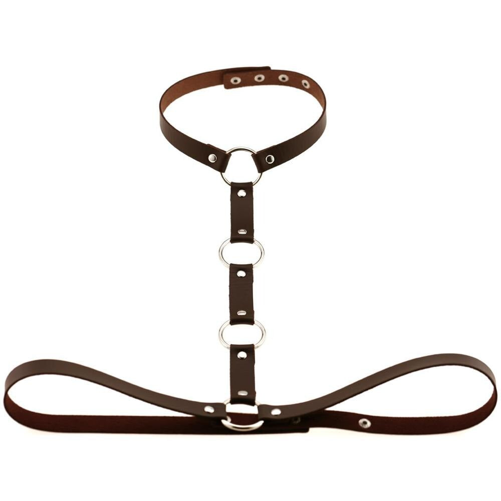 Gothic leather body harness belt with adjustable straps and rings for women, perfect for cosplay or festival outfits.
