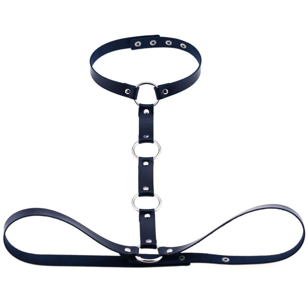 Gothic leather body harness with rings and rivets for women, ideal for cosplay and festival outfits.