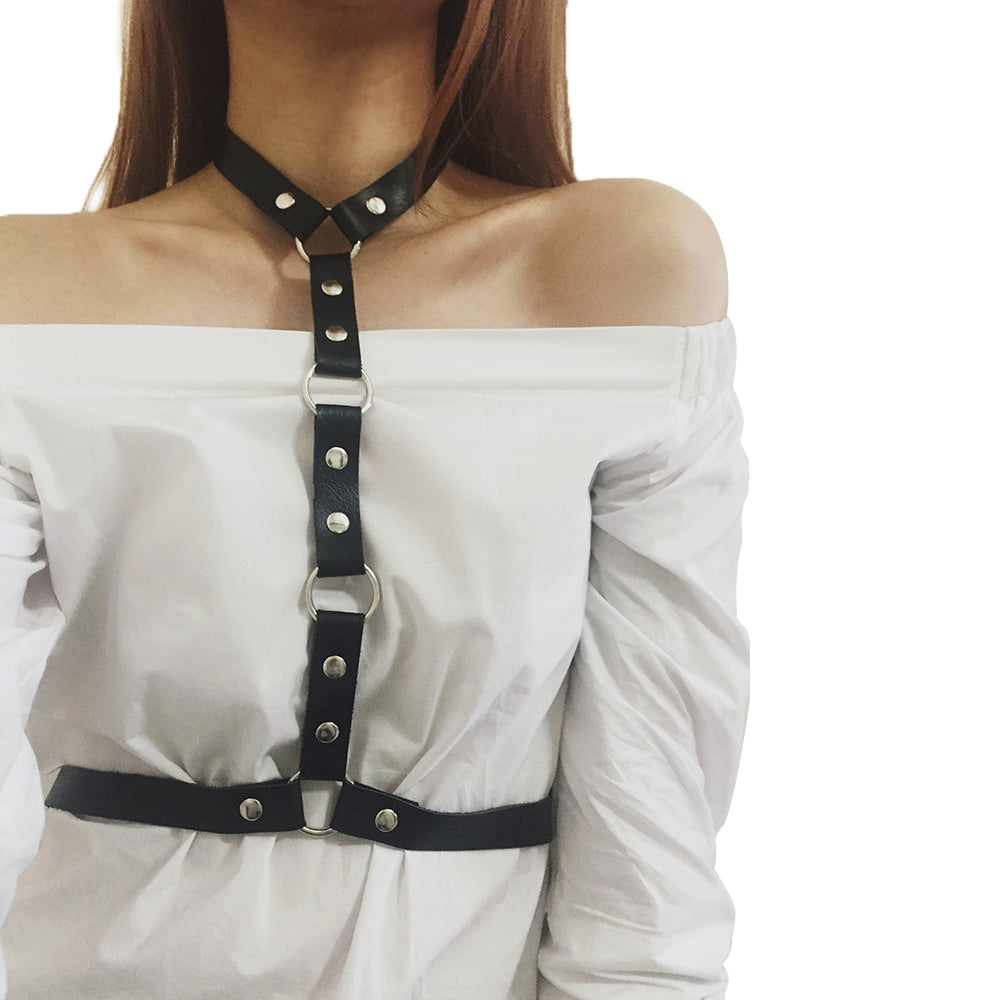 Gothic leather body harness belt with choker and decorative rivets, perfect for women’s cosplay festival outfits.