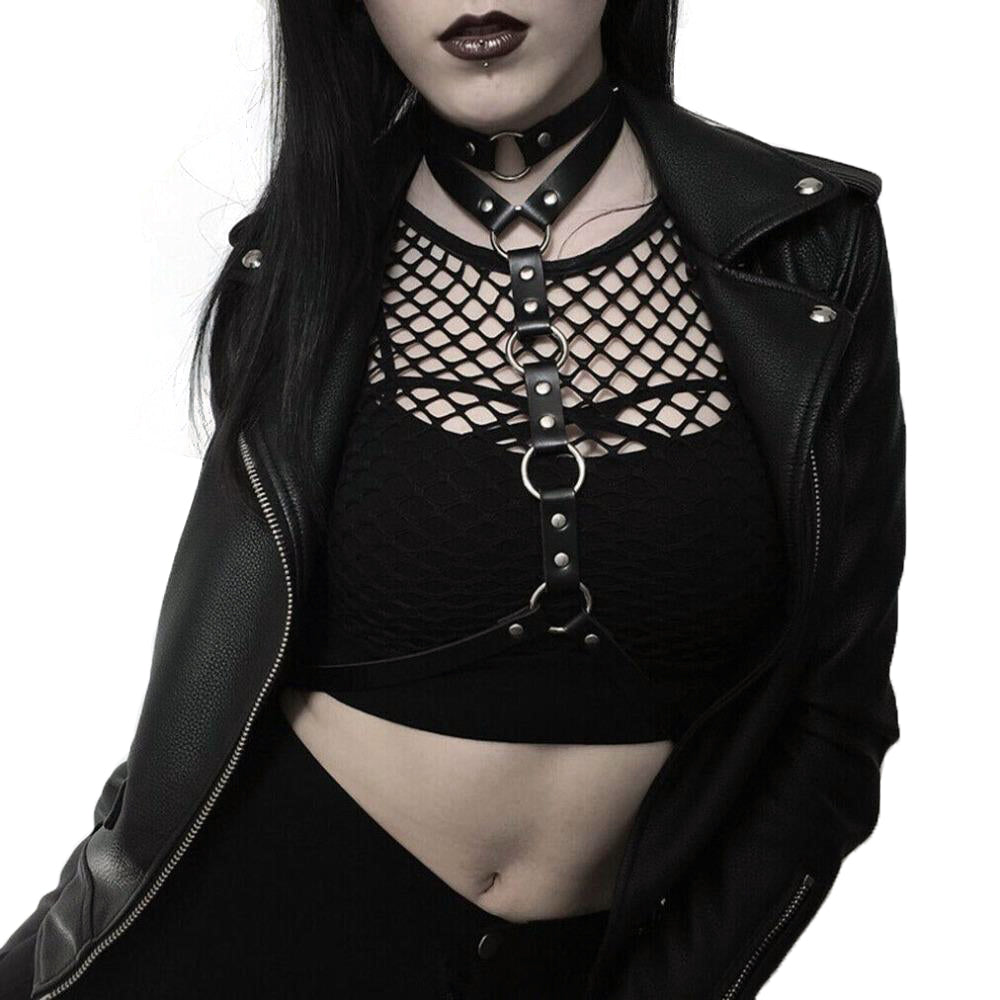 Gothic leather body harness belt with choker for women, perfect for cosplay and festival outfits.