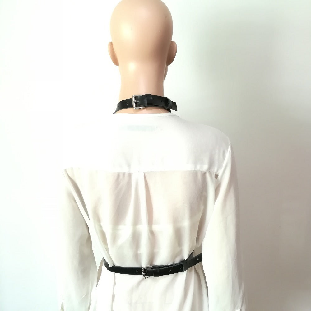 Back view of a mannequin wearing a gothic leather body harness with a choker and belt, perfect for women’s cosplay.