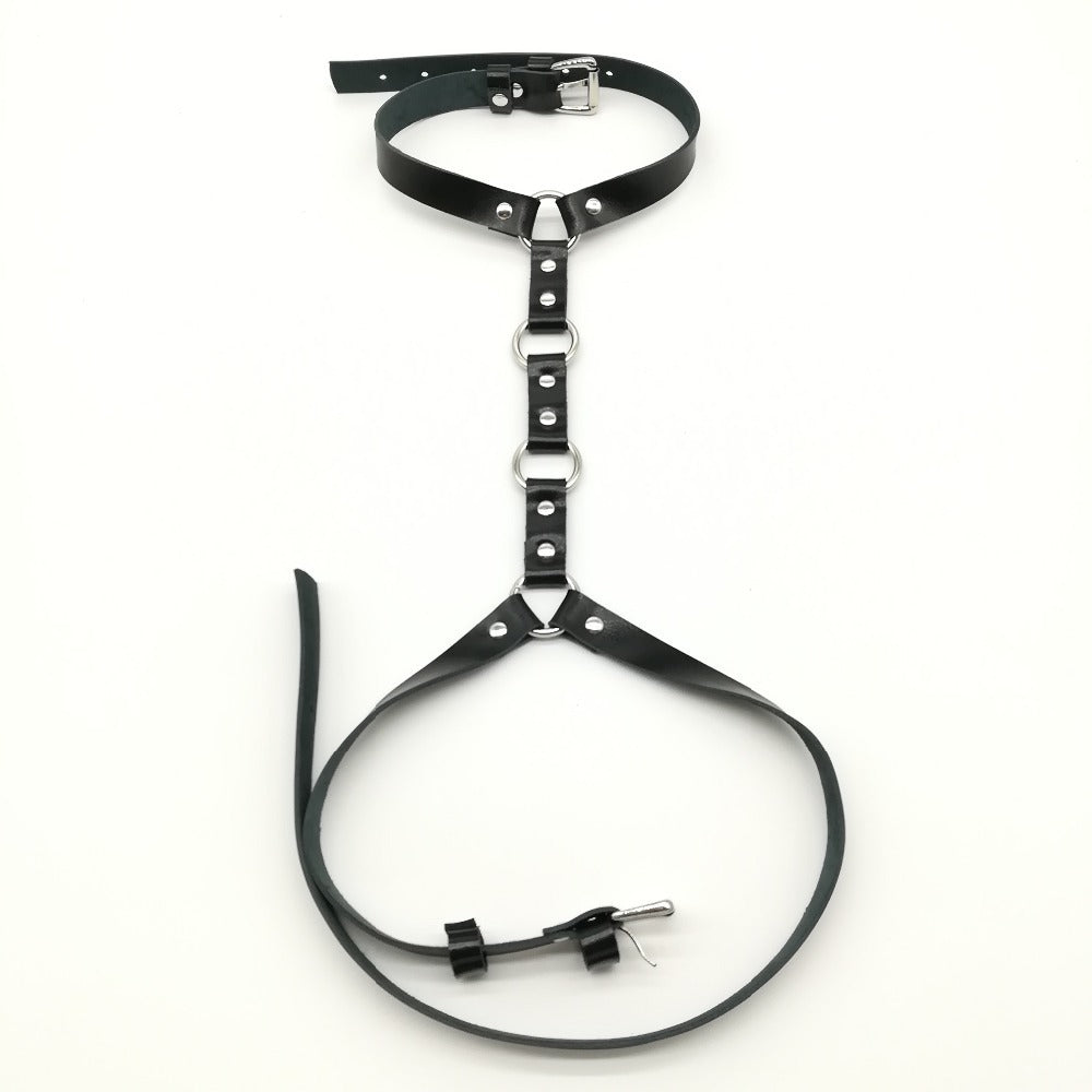 Gothic black leather body harness with rings and rivets for women, perfect for cosplay and festival outfits.