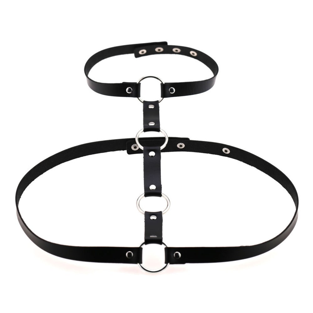 Gothic leather body harness with rings and rivets, perfect for cosplay and festival outfits.
