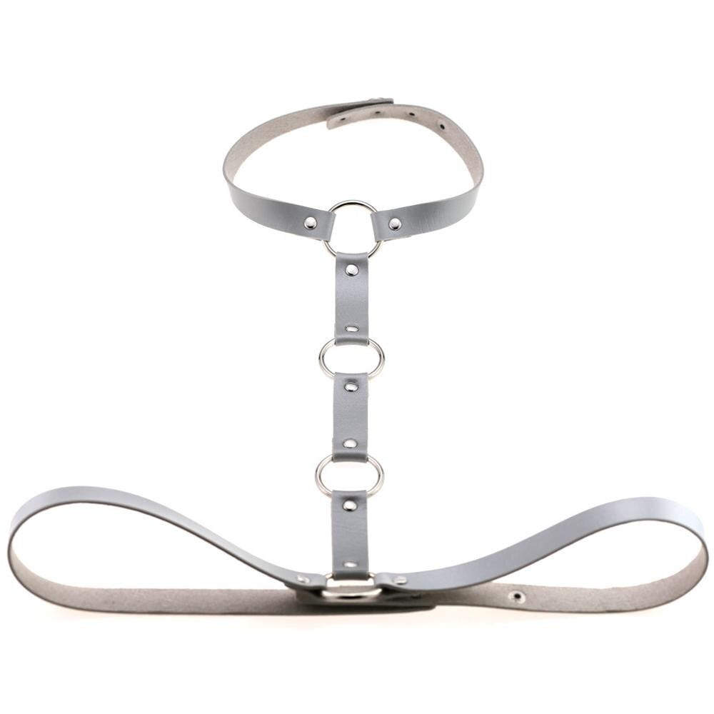 Gothic leather body harness with choker and rings, perfect for cosplay and festival outfits.