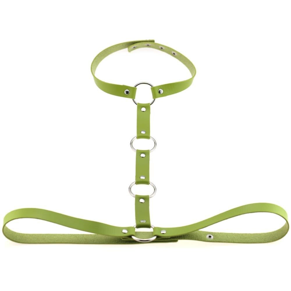Gothic green imitation leather body harness with rings, perfect for women’s cosplay or festival outfits.