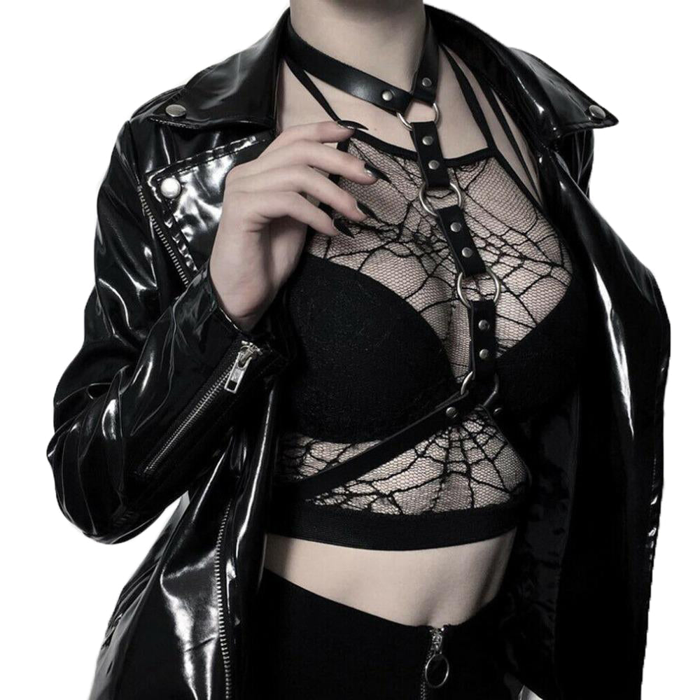 Gothic leather body harness with choker, styled over lace top, perfect for cosplay and festival outfits.