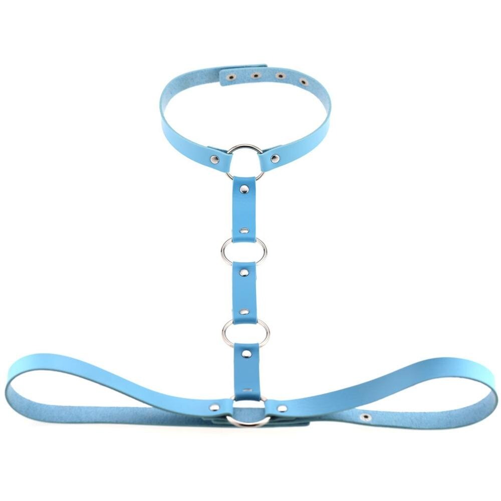 Light blue gothic leather body harness with rings, rivets, and adjustable straps for women.