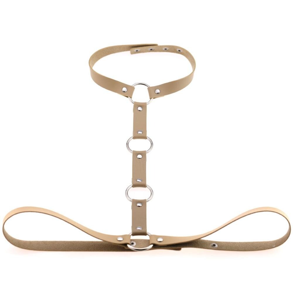 Gothic leather body harness with rings and rivets for women, ideal for cosplay and festival outfits.