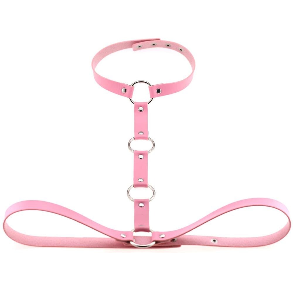 Gothic pink leather body harness with rings, perfect for women’s cosplay or festival outfits.