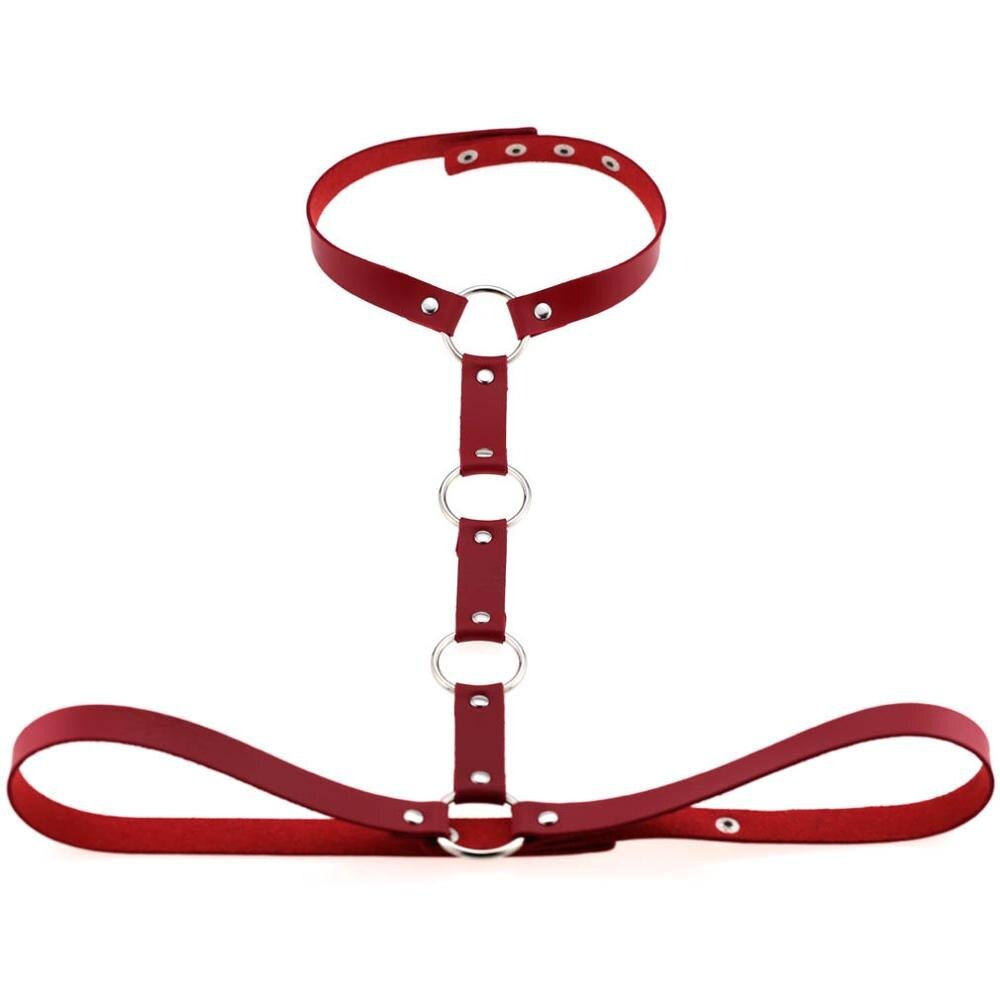 Gothic leather body harness in red with rings and rivets, perfect for women’s cosplay and festival outfits.