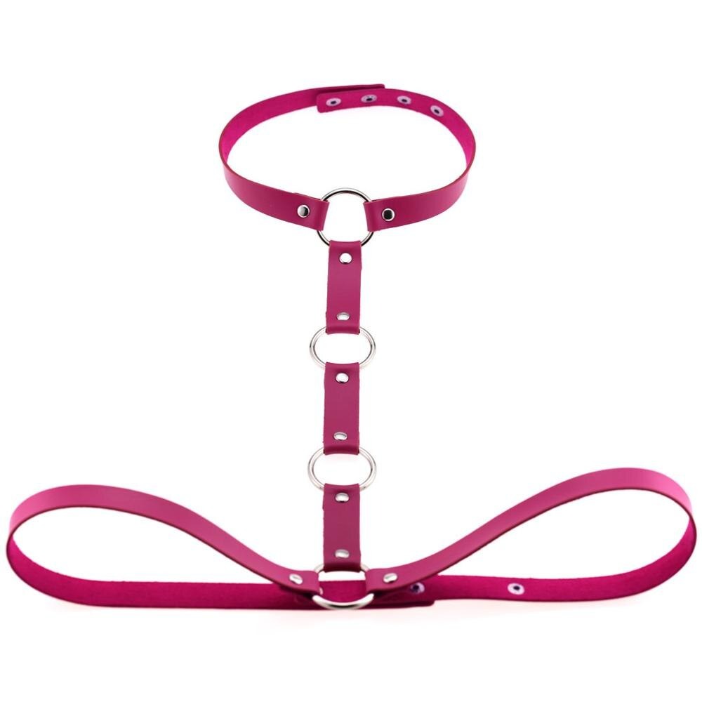 Gothic leather body harness in vibrant pink with rings and rivets, perfect for cosplay and festivals.