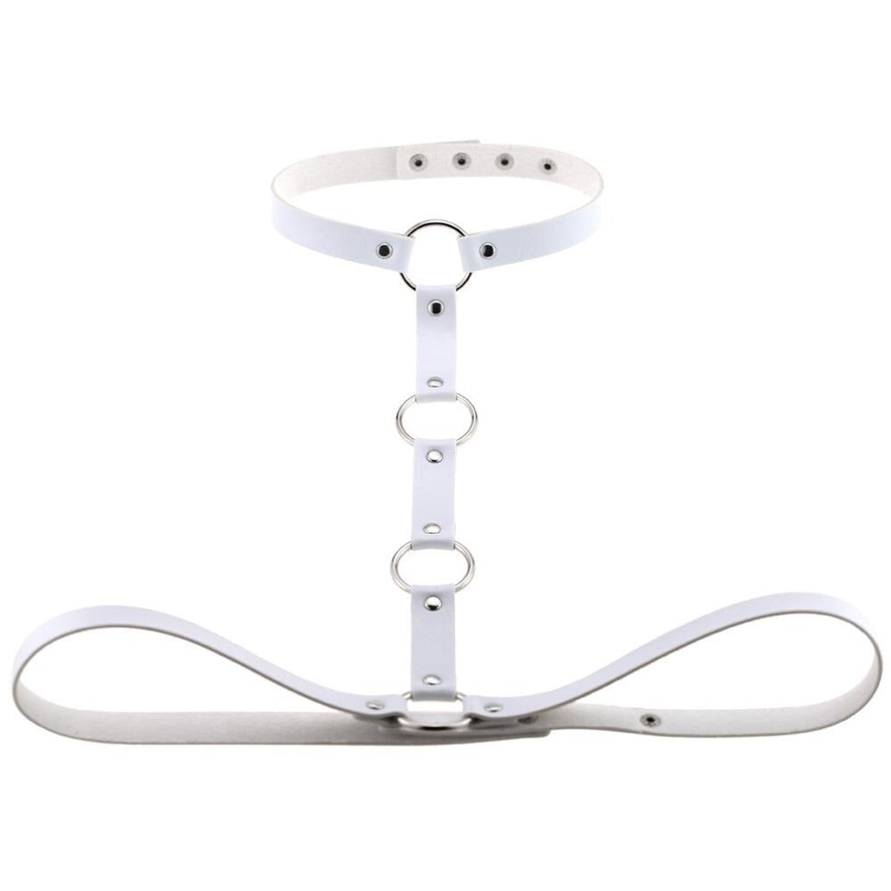 White leather body harness with rings, ideal for gothic, bondage, and cosplay outfits for women.