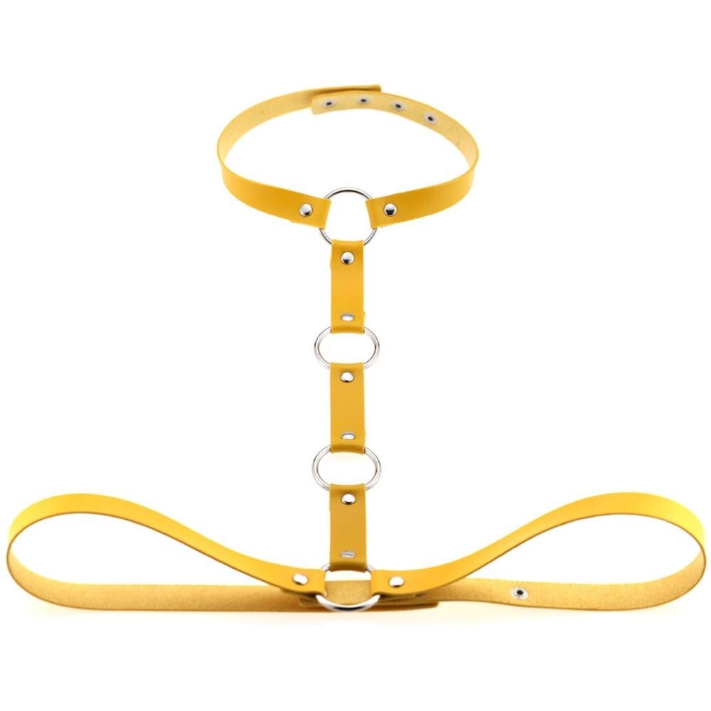 Stylish yellow leather body harness with decorative rings for gothic bondage and cosplay outfits.