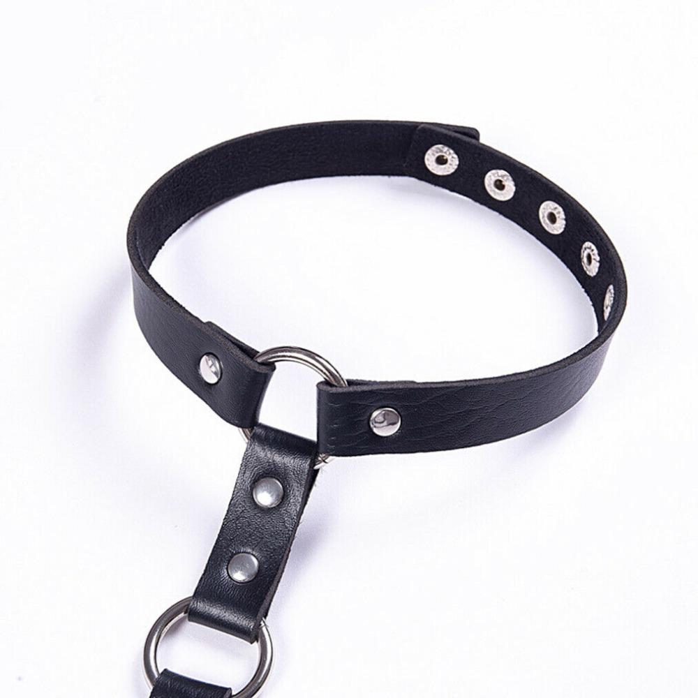 Black leather choker harness with decorative rings and rivets, perfect for gothic or cosplay styles.