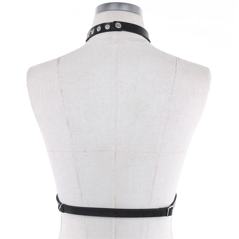 Back view of a gothic leather body harness belt with choker and decorative rivets for women cosplay.